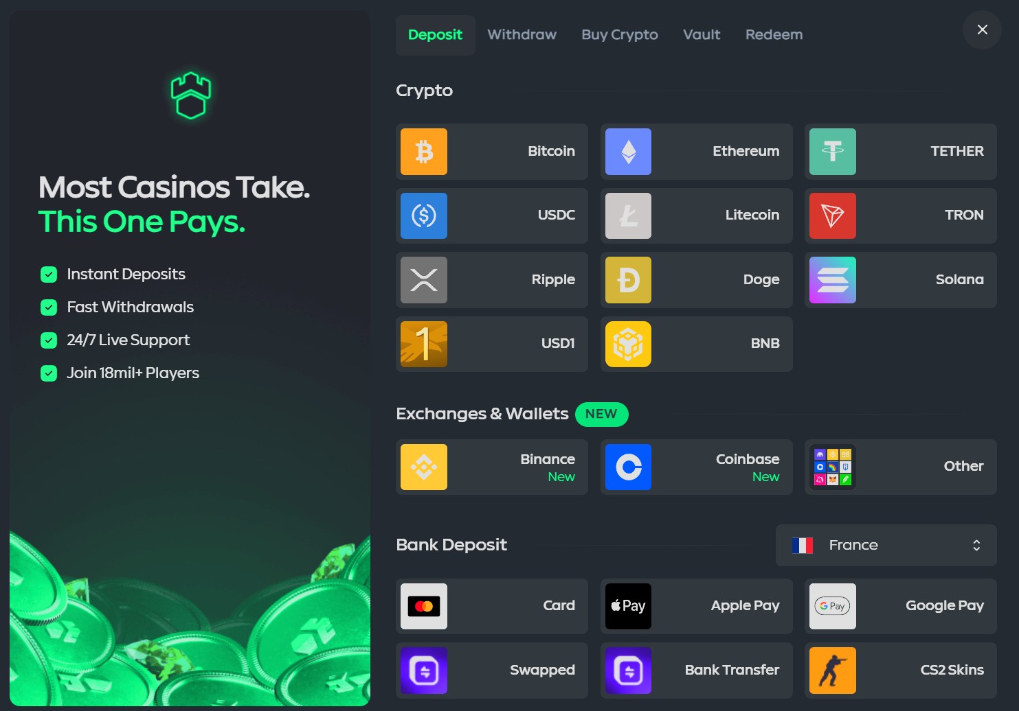 Available deposit and withdrawal methods at Gamdom cashier 2026